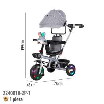 TRICICLO CON TOLDO CON LUZ Y SONIDO GRIS