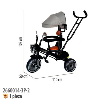 TRICICLO CON TOLDO CON LUZ Y SONIDO GRIS