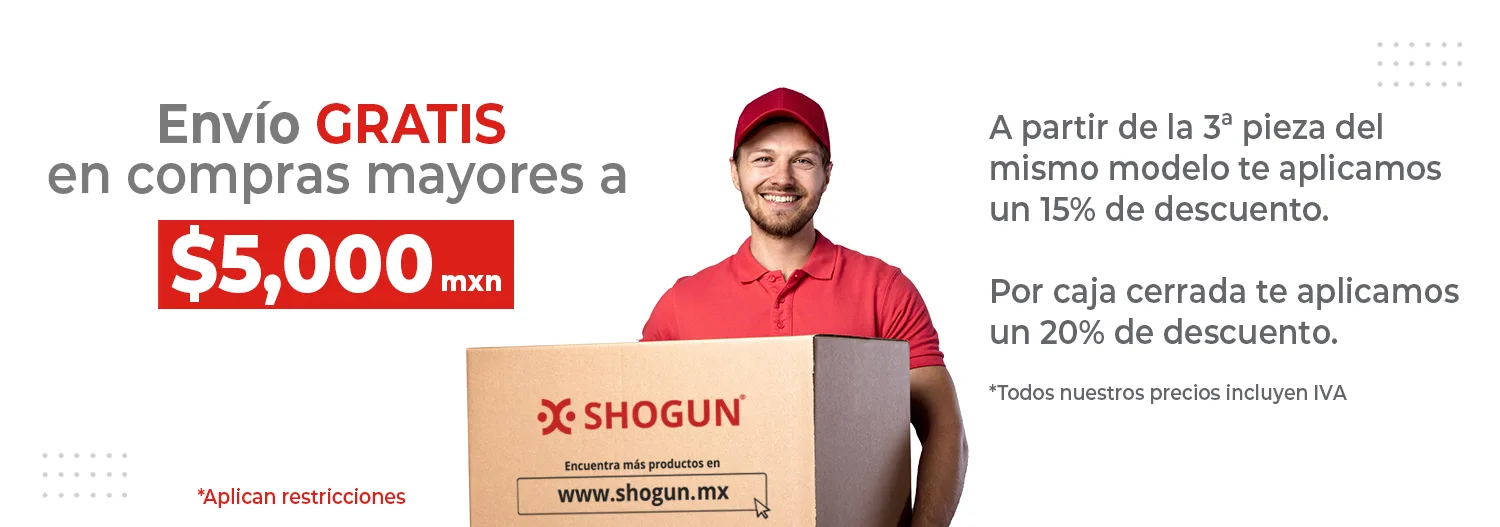 Envío gratis en compras mayores a 5,000 MXN, 15% de descuento desde la 3ª pieza del mismo modelo y 20% por caja cerrada